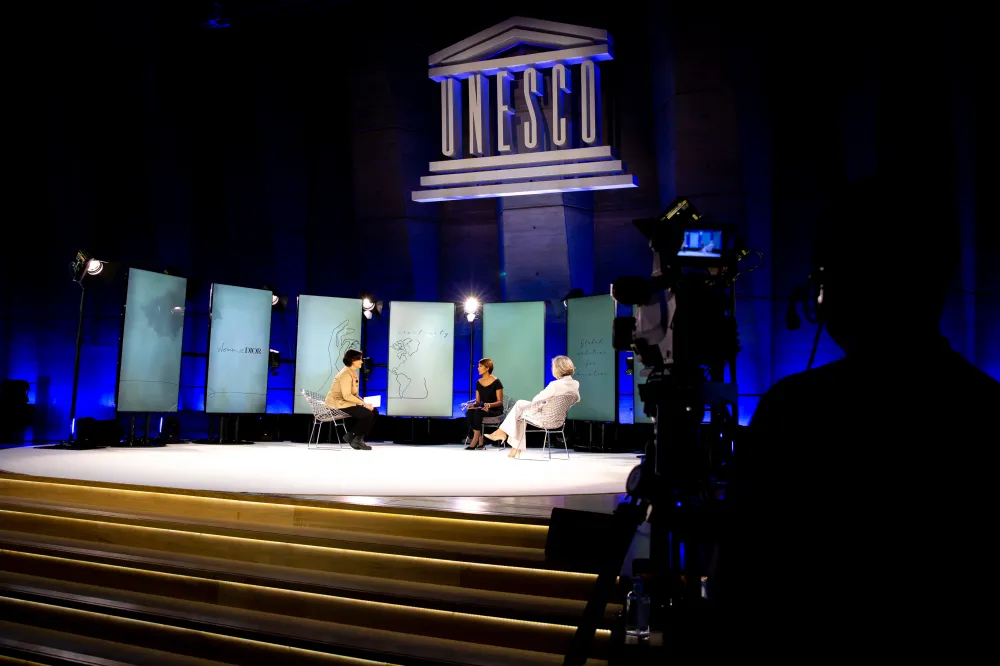 Women@Dior Dream conference in UNESCO with Emmanuelle Favre, Asha Sumputh, and Stefania Giannini.