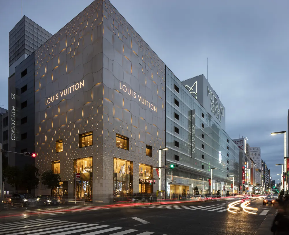 Store Elevation With Street. Louis Vuitton Tokyo, Tokyo, Japan. Architect: Aoki Jun And Associates, 2017. Louis Vuitton Tokyo, Tokyo, Japan. Architect: Aoki Jun and associates, 2017.